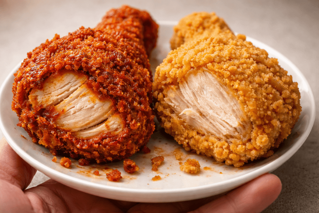 Albaik Spicy Vs Regular Chicken 2026 showing thicker spicy breading and deeper marinade color side by side