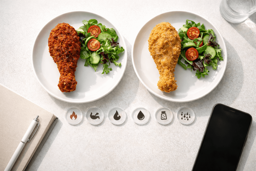 Albaik Spicy Vs Regular Chicken 2026 nutrition comparison plate with portion sizes, calories, and protein focus.