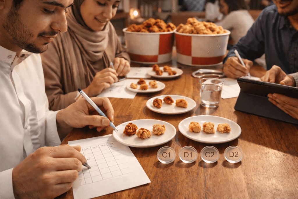 Albaik Spicy Vs Regular Chicken 2026 buckets on a table with families tasting both variants during a test session