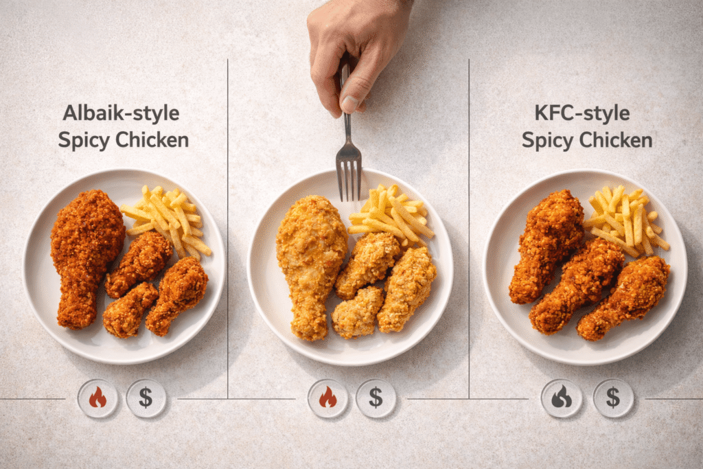 Albaik Spicy Vs Regular Chicken 2026 versus KFC spicy chicken on a table comparing texture, calories, and price