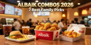 Albaik Combos 2026 family meal bundles featuring 8 piece chicken box, shrimp combo, fries and drinks inside GCC restaurant interior
