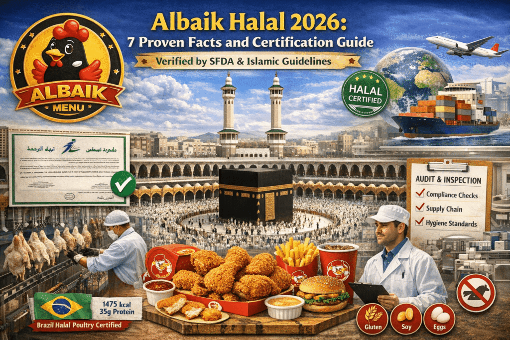 Albaik Halal 2026 certification infographic showing SFDA approval, zabiha slaughter process, halal supply chain, food safety standards, and Albaik menu items in Saudi Arabia