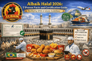 Albaik Halal 2026 certification infographic showing SFDA approval, zabiha slaughter process, halal supply chain, food safety standards, and Albaik menu items in Saudi Arabia