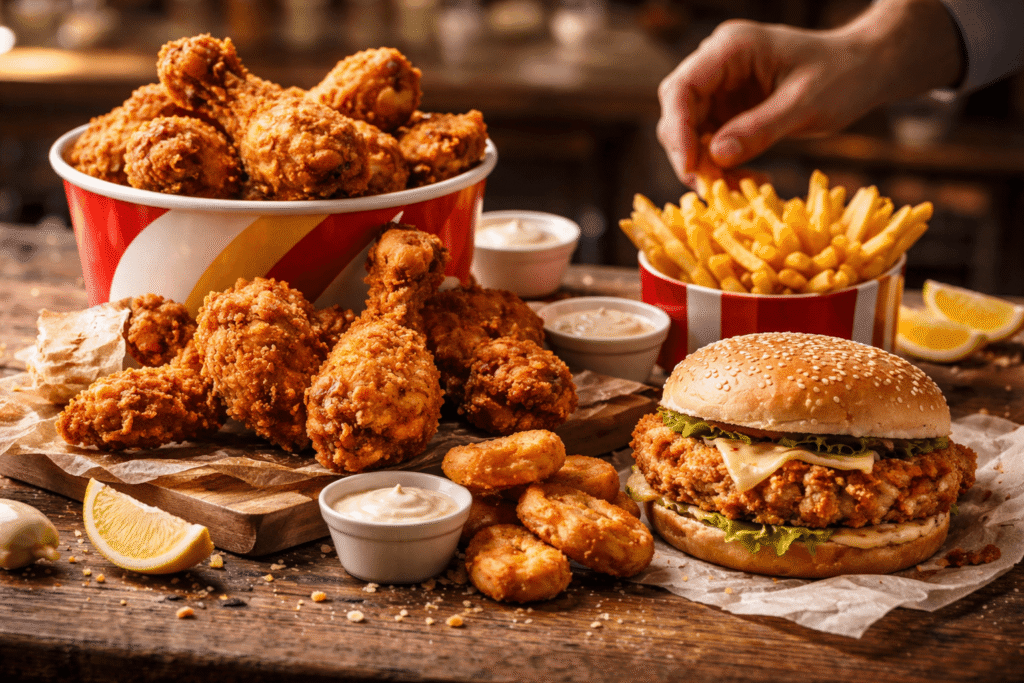 Albaik Halal 2026 fried chicken meal with nuggets fries and halal certified food presentation