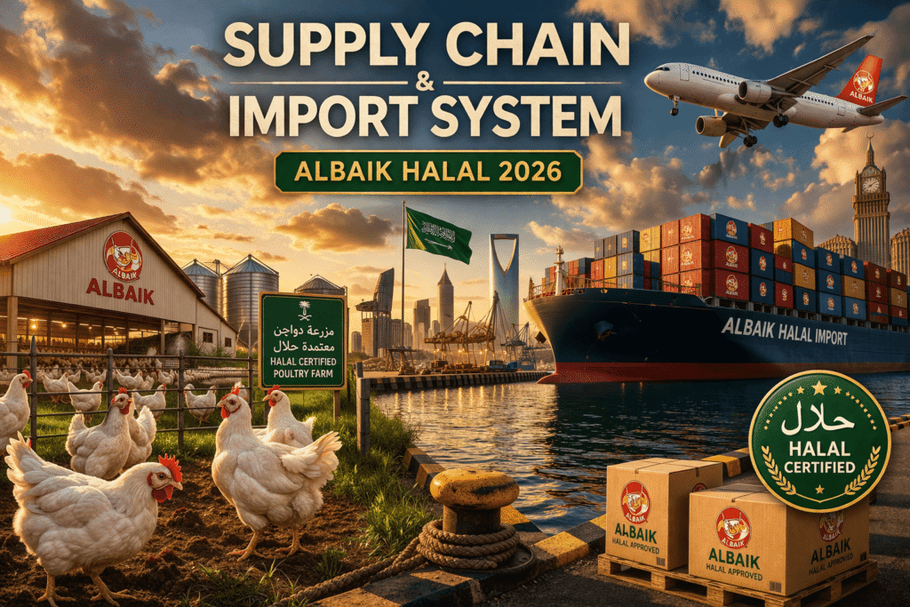 Albaik Halal 2026 supply chain with halal poultry transport via ship and farm sourcing
