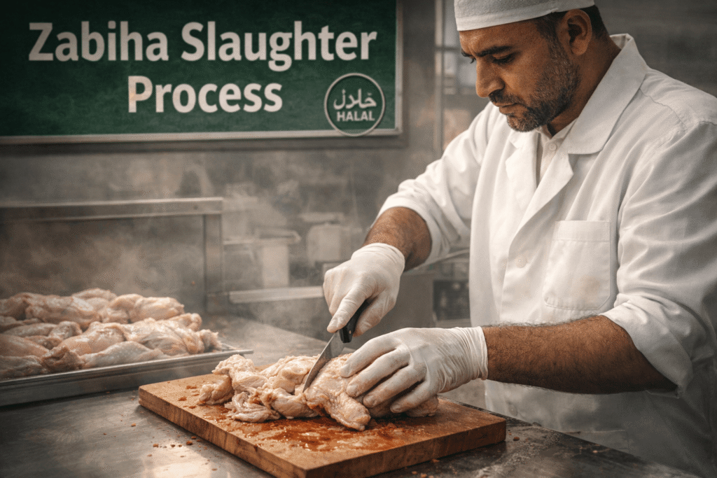 Albaik Halal 2026 zabiha slaughter process with halal certified preparation under hygienic conditions