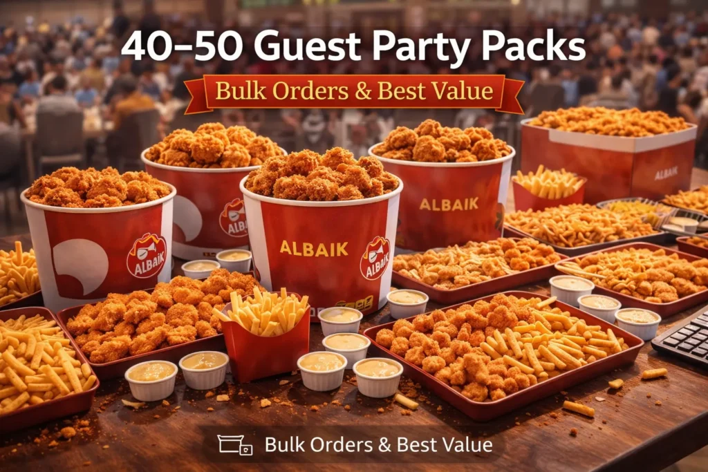 Albaik Party Packs 2026 large catering setup for 40 to 50 guests with multiple chicken buckets