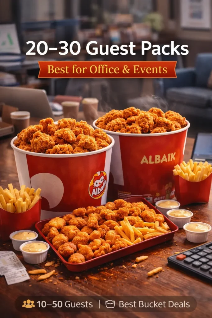Albaik Party Packs 2026 medium group catering with chicken buckets and nuggets for 20 to 30 people