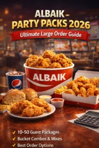 Albaik Party Packs 2026 large order guide showing chicken buckets, fries and combo meals for group events