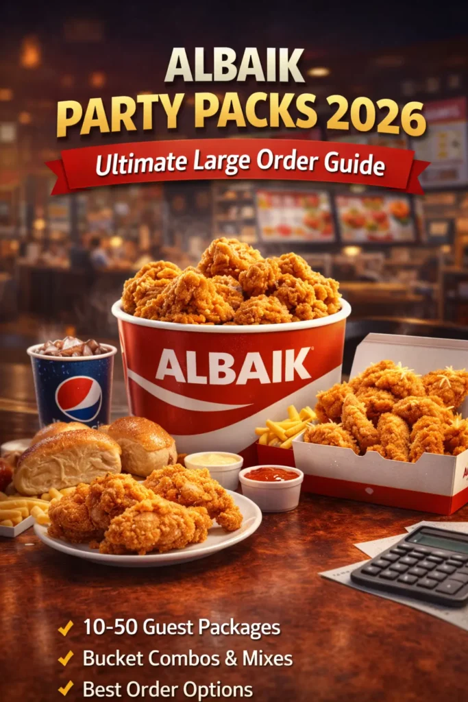 Albaik Party Packs 2026 large order guide showing chicken buckets, fries and combo meals for group events