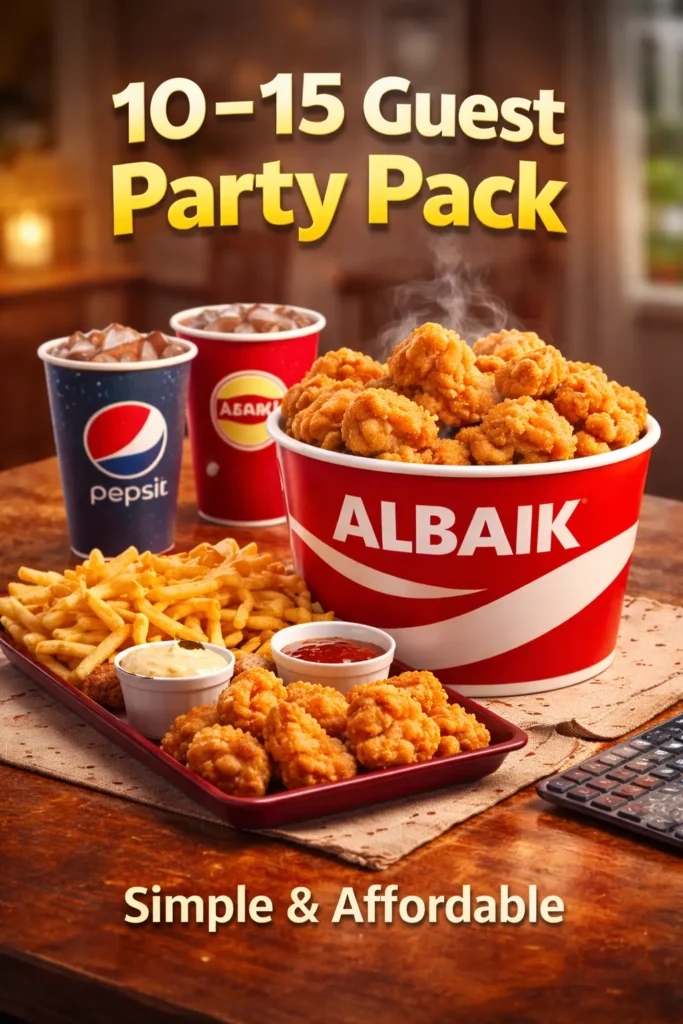 Albaik Party Packs 2026 small gathering chicken bucket meal for 10 to 15 people