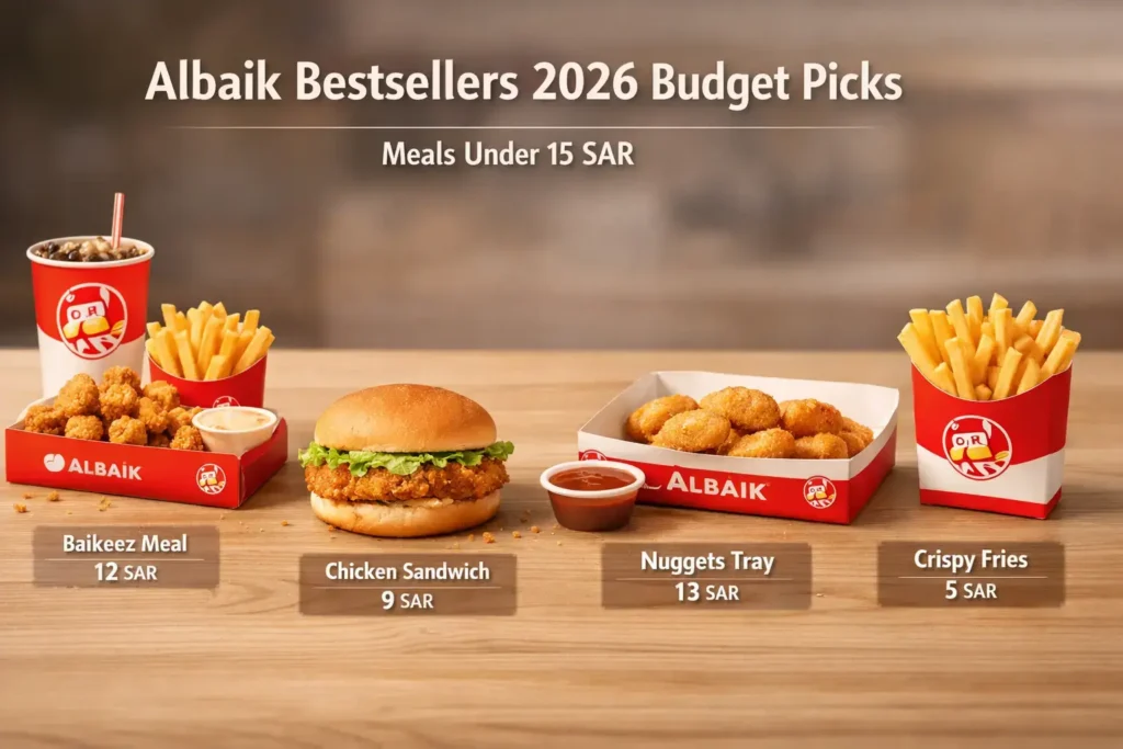Albaik Bestsellers 2026 budget meals under 15 SAR including Baikeez nuggets and sandwich