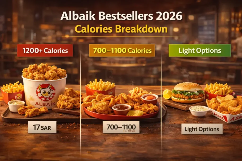 Albaik Bestsellers 2026 calories breakdown showing high medium and low calorie meals comparison