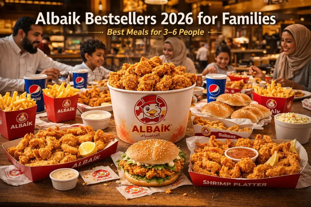 Albaik Bestsellers 2026 family meal setup with chicken bucket fries shrimp and group dining table