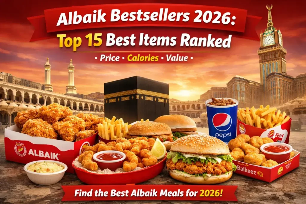 Albaik Bestsellers 2026 top 15 items ranked with fried chicken bucket, shrimp, fries and popular meals in restaurant setting