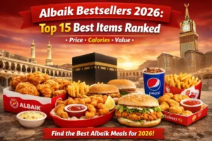 Albaik Bestsellers 2026 top 15 items ranked with fried chicken bucket, shrimp, fries and popular meals in restaurant setting
