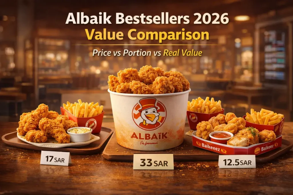 Albaik Bestsellers 2026 value comparison showing 4 piece meal 8 piece bucket and Baikeez meal with price and portion difference