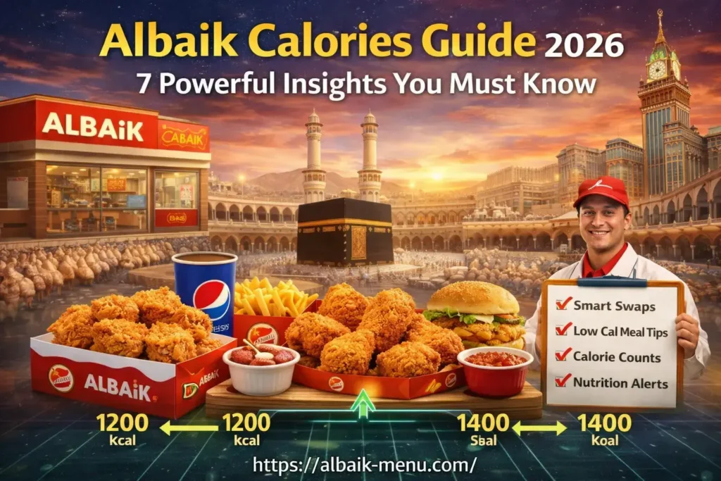 Albaik Calories Guide 2026 showing calorie comparison of chicken meals fries and burgers in KSA