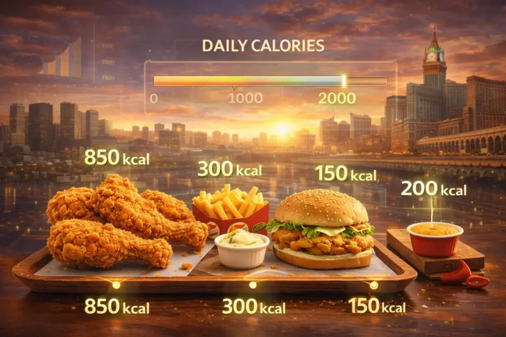 Albaik Calories Guide 2026 showing calorie comparison of chicken meals fries and burgers in KSA