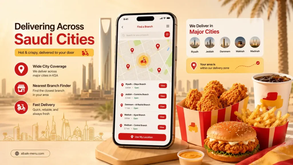 Albaik App city availability map showing branch coverage across KSA