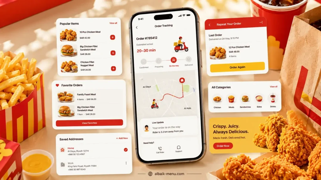 Albaik App features showing favorite orders, order tracking, and menu browsing