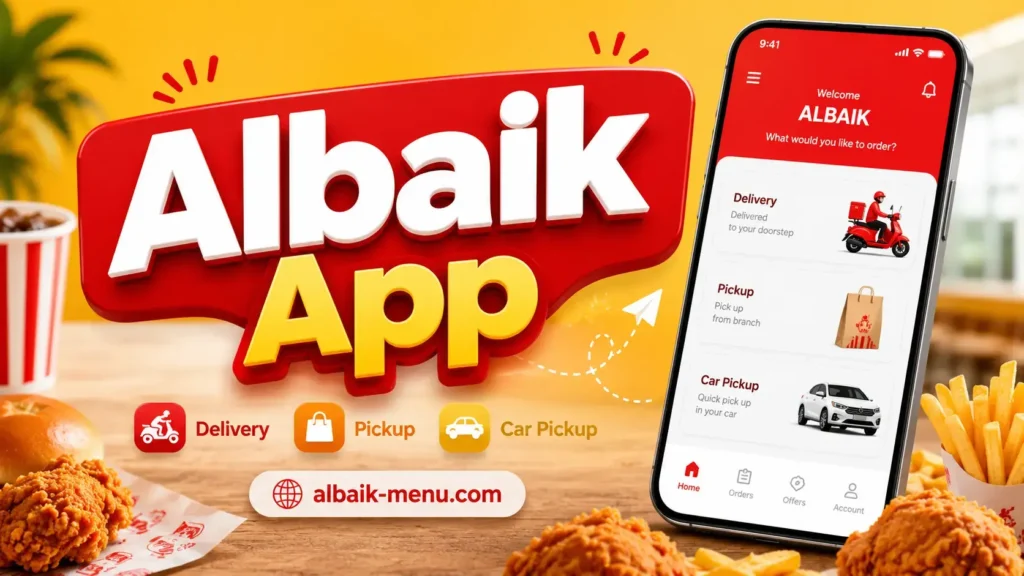 Albaik App guide banner for online ordering, delivery, and pickup in KSA