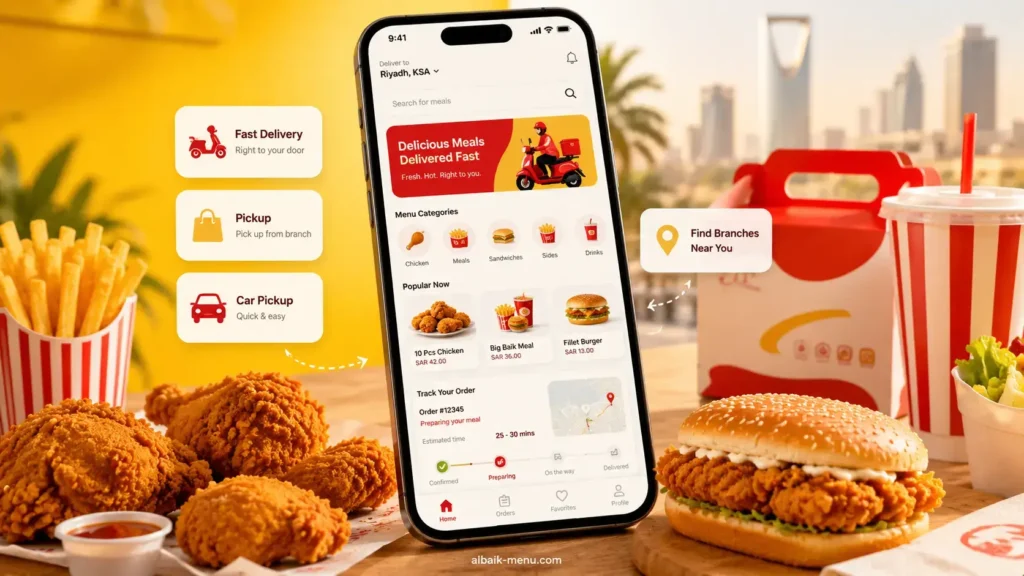 Albaik App overview image showing official online ordering features in KSA