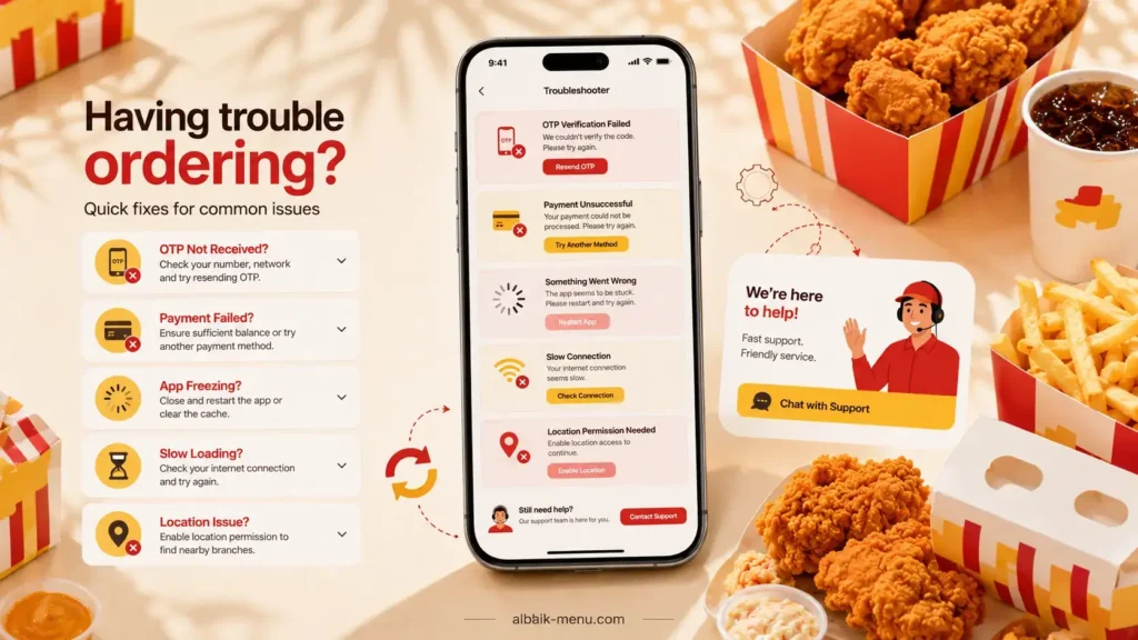 Albaik App troubleshooting image showing payment errors and login fixes