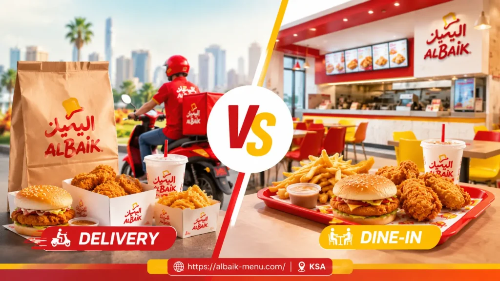 Albaik Delivery vs Dine In comparison in Saudi Arabia showing restaurant dining and home delivery options