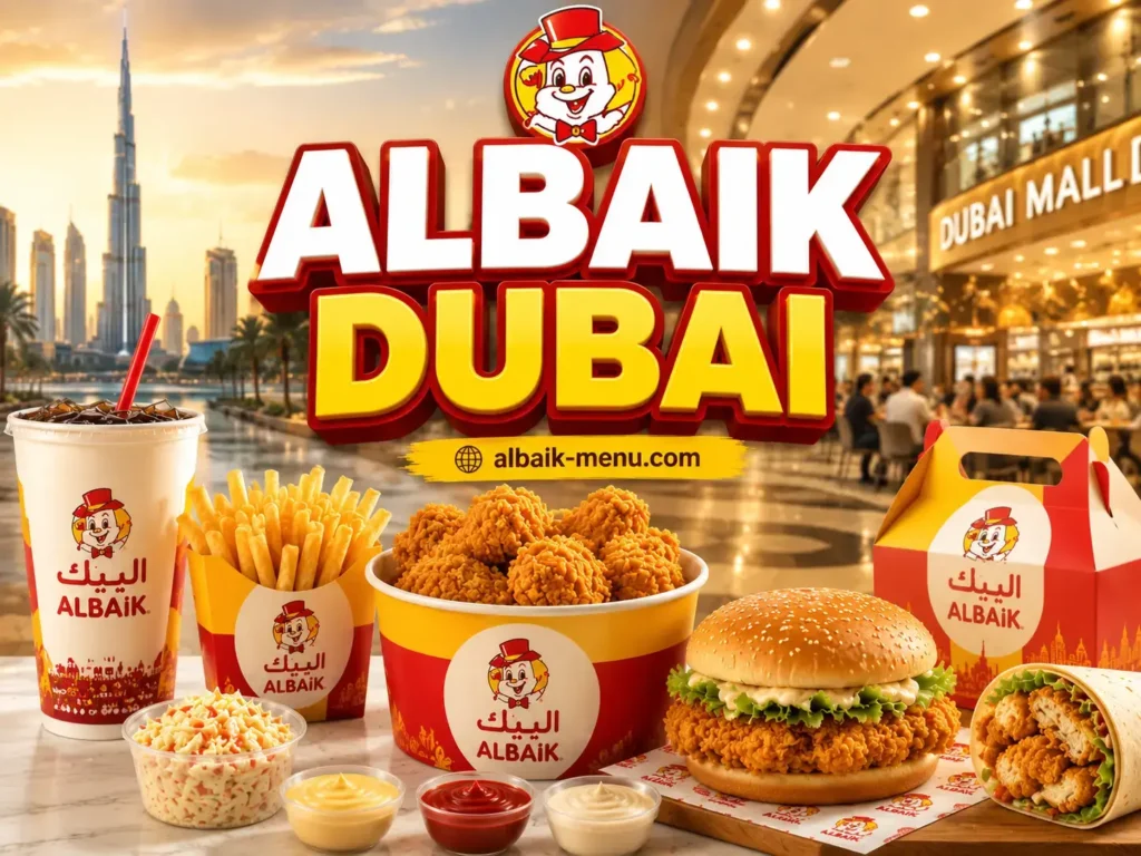 Albaik UAE Menu Dubai branch image with mall vibe, burgers, chicken, and delivery feel