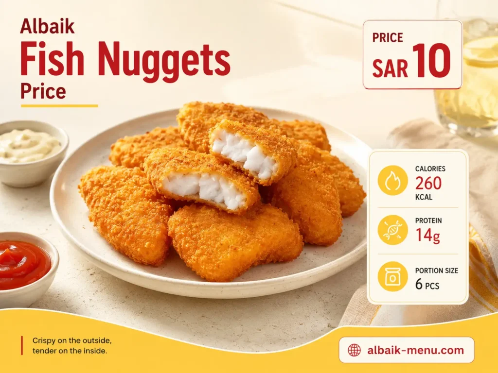 Albaik Fish Nuggets Price image with calories and nutrition focused presentation in a bright, clean KSA food layout.