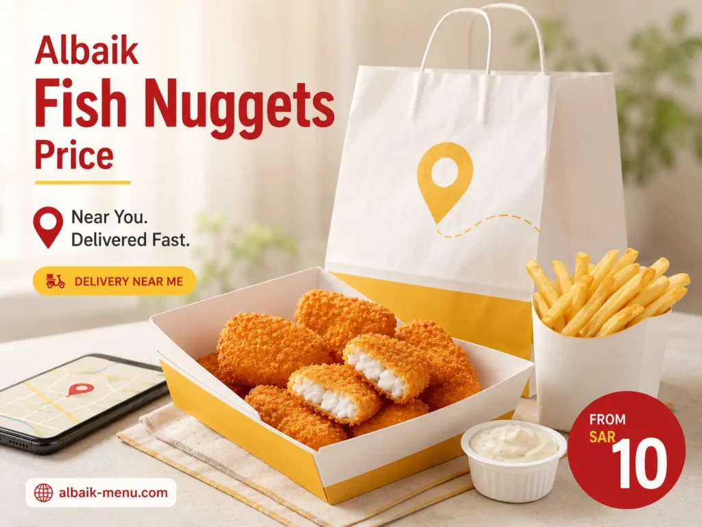 Albaik Fish Nuggets Price delivery image showing near me ordering, KSA location focus, and a bright restaurant-style scene.