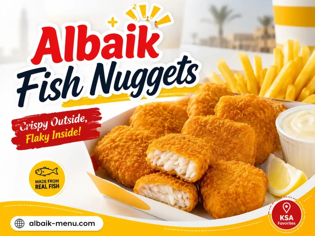 Albaik Fish Nuggets Price hero image with crispy fish nuggets, fries, sauce, and lemon in a bright KSA-style food scene.