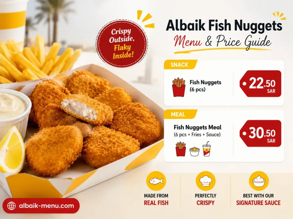 Albaik Fish Nuggets Price comparison image showing menu-style pricing, portion value, and a bright KSA food layout.
