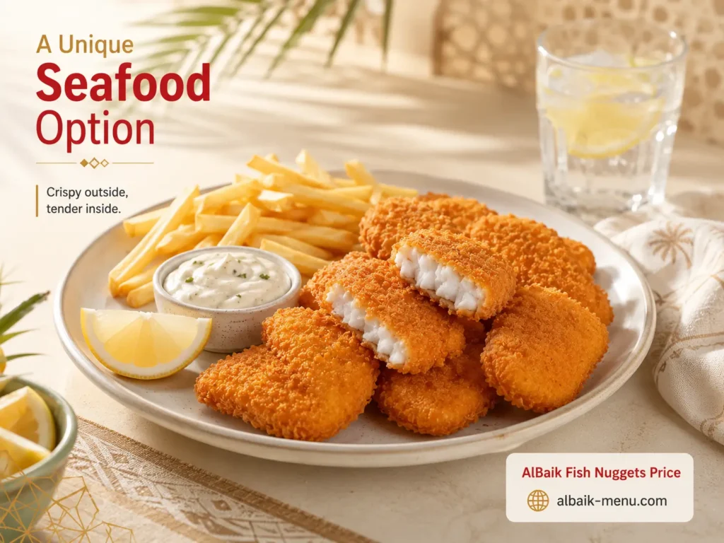 Albaik Fish Nuggets Price article image showing a unique seafood option with crispy nuggets in a bright KSA setting.