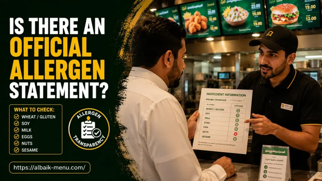 Albaik gluten-free menu allergen statement image showing ingredient checking and food safety verification.