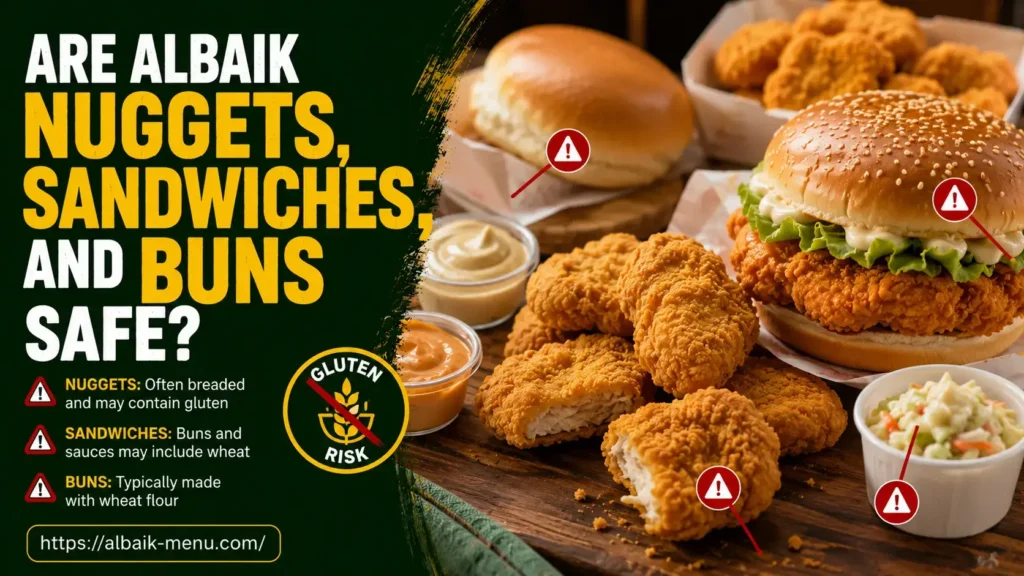 Albaik gluten-free menu image showing breaded nuggets, sandwich buns, and gluten caution signs.
