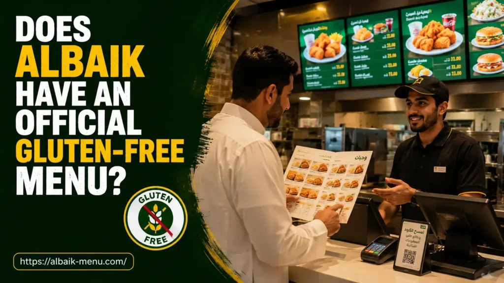 Albaik gluten-free menu image showing a customer checking menu safety in a Saudi restaurant.