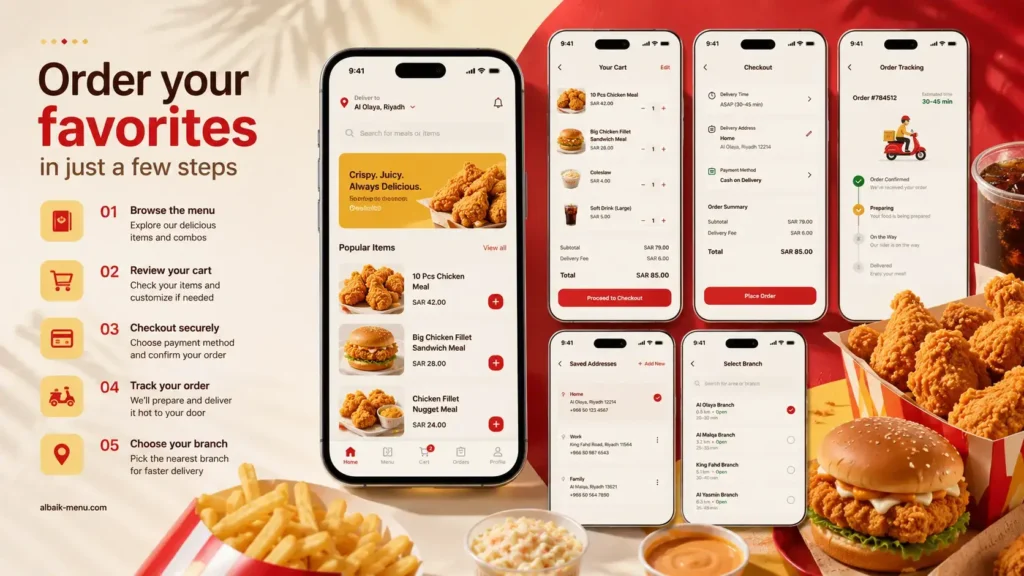 Albaik Online Order App ordering process with branch selection and checkout