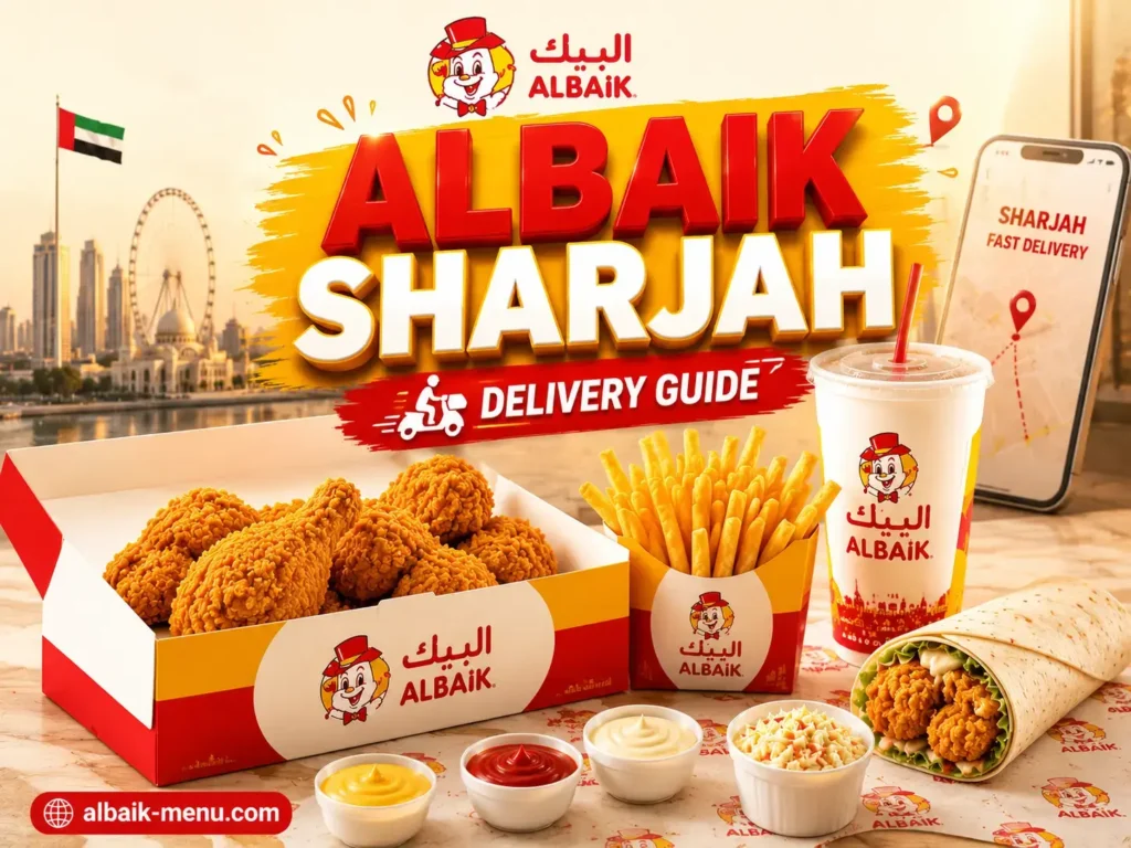 Albaik UAE Menu Sharjah delivery and branch guide with food, box meal, and order concept