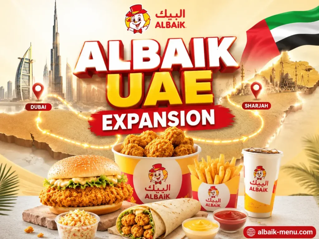 Albaik UAE Menu expansion concept showing Dubai, Sharjah, and UAE growth branding