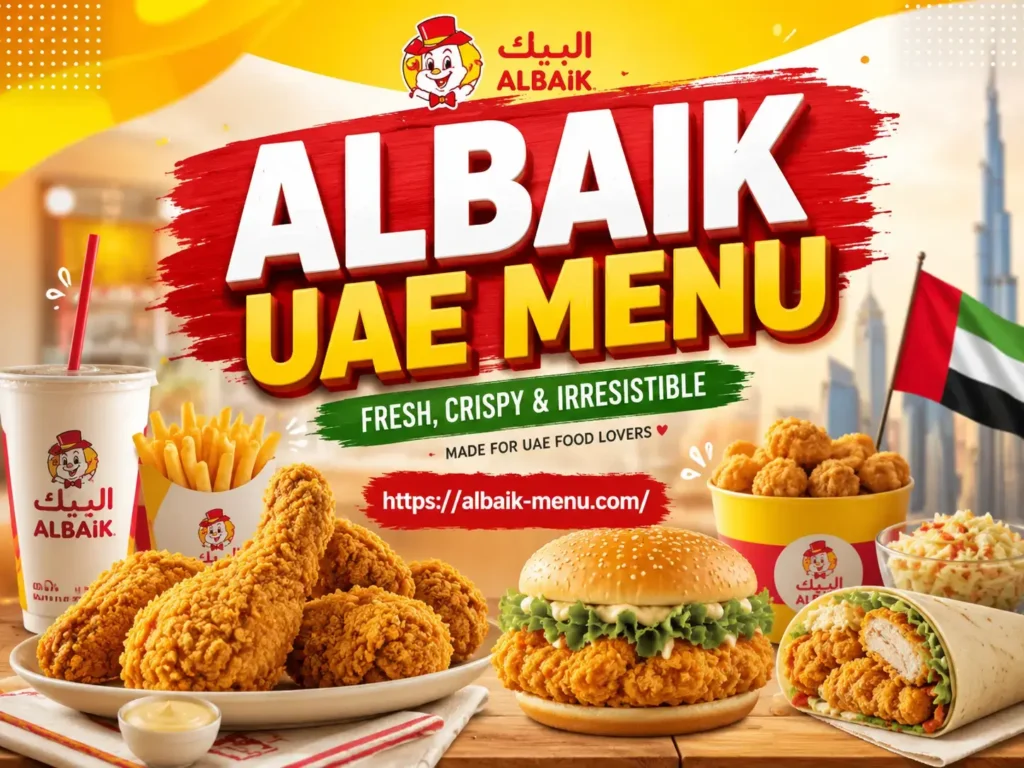 Albaik UAE Menu hero banner with crispy chicken, burger, fries, and UAE city style