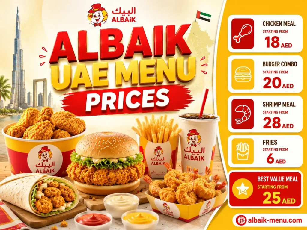 Albaik UAE Menu price comparison graphic with AED pricing, combos, and value meals