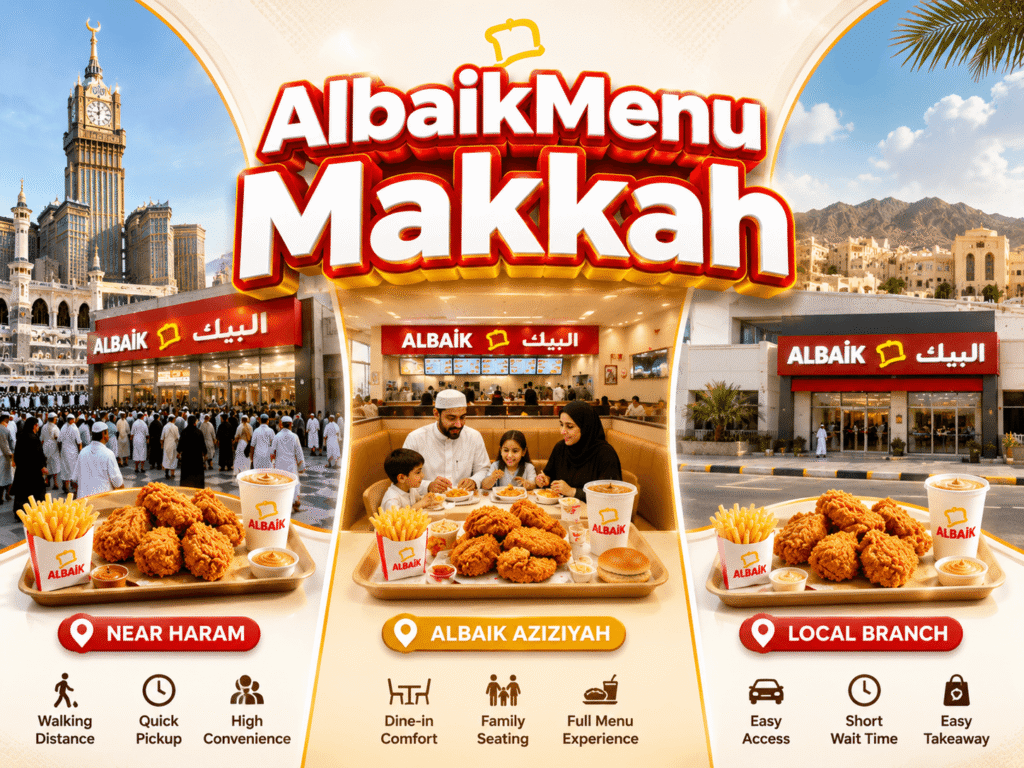 AlbaikMenu Makkah branch comparison showing Haram, Aziziyah, and local branch options