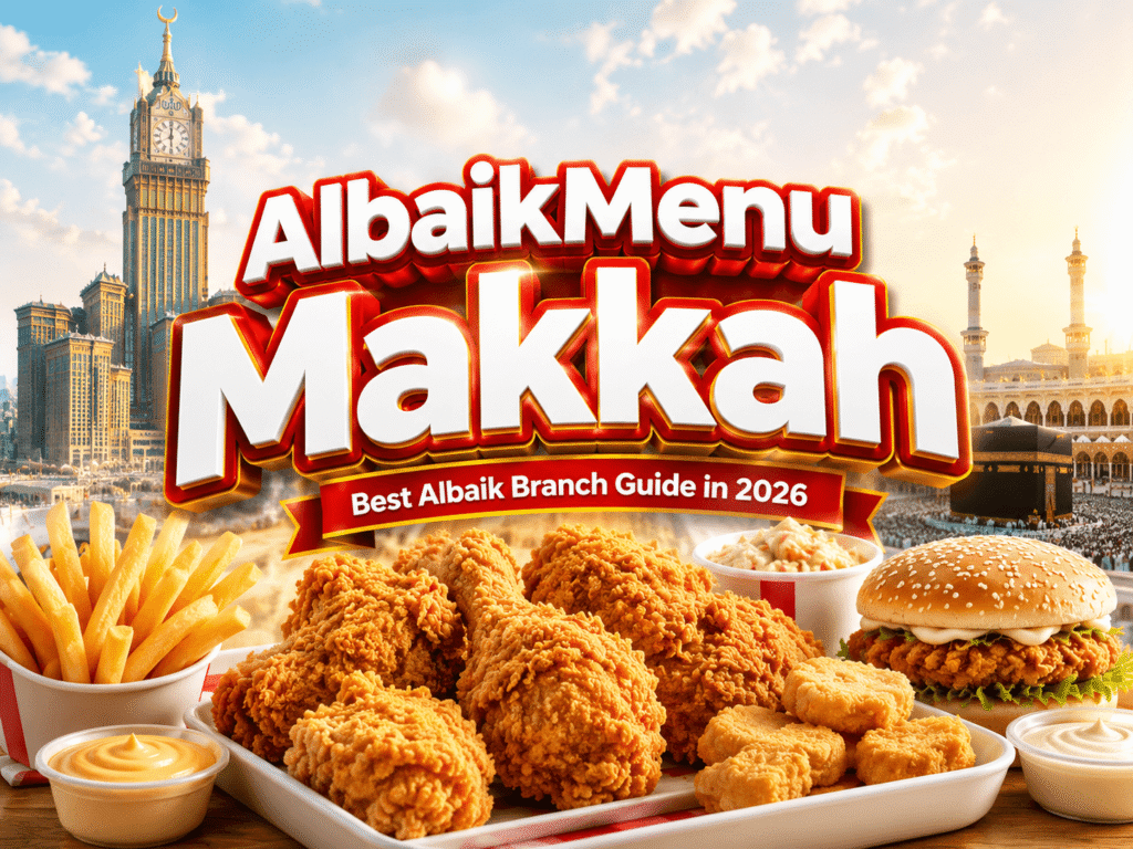 AlbaikMenu Makkah premium hero banner with Albaik food and Makkah skyline