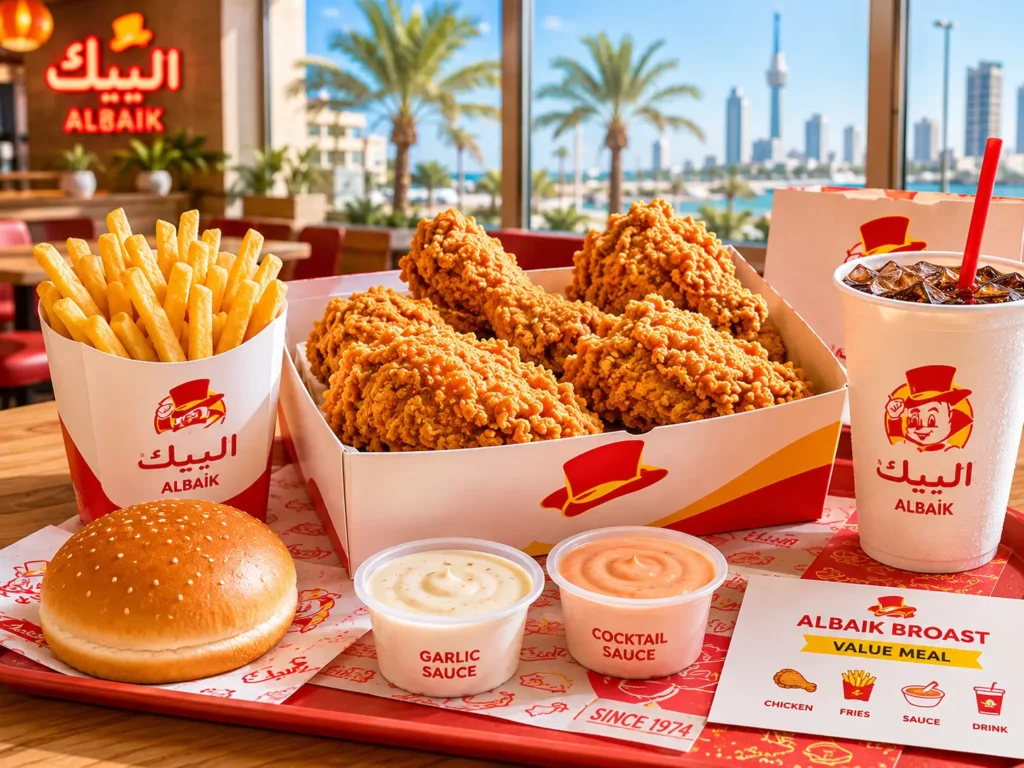 Albaik broast price in Jeddah with value meal, fries, chicken pieces, and garlic sauce cups