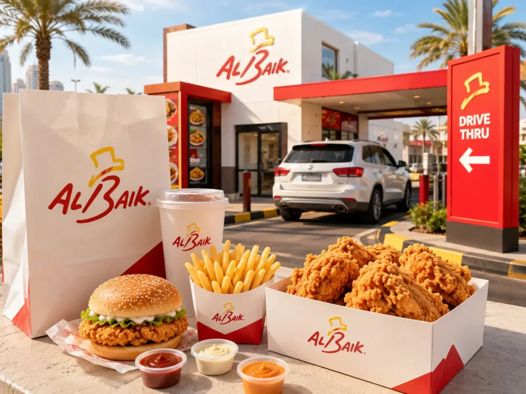 Albaik drive-thru Dubai for quick meals with bright realistic branding and food