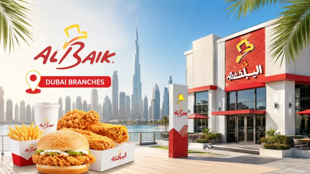 Albaik Dubai branches with bright branding, Dubai skyline, and realistic fast food setup