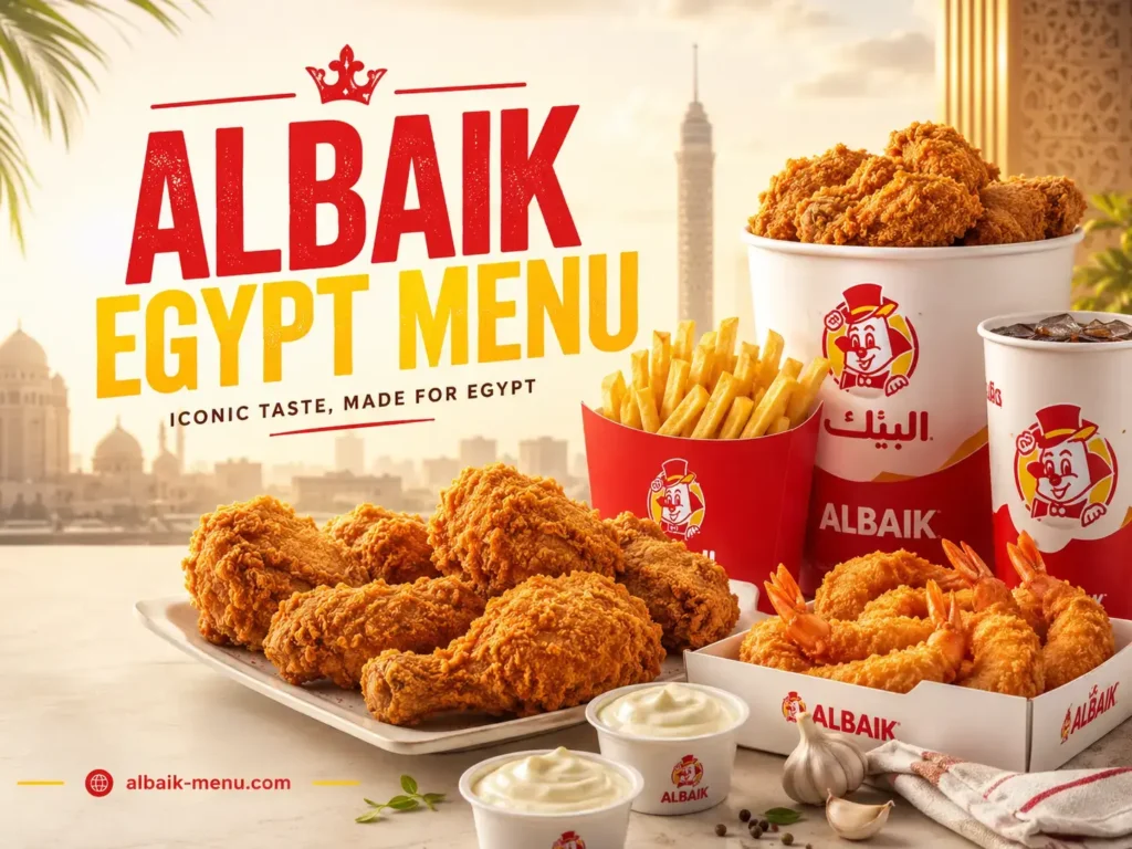 Albaik Egypt menu hero banner showing launch, prices, and regional menu differences in a bright landscape design
