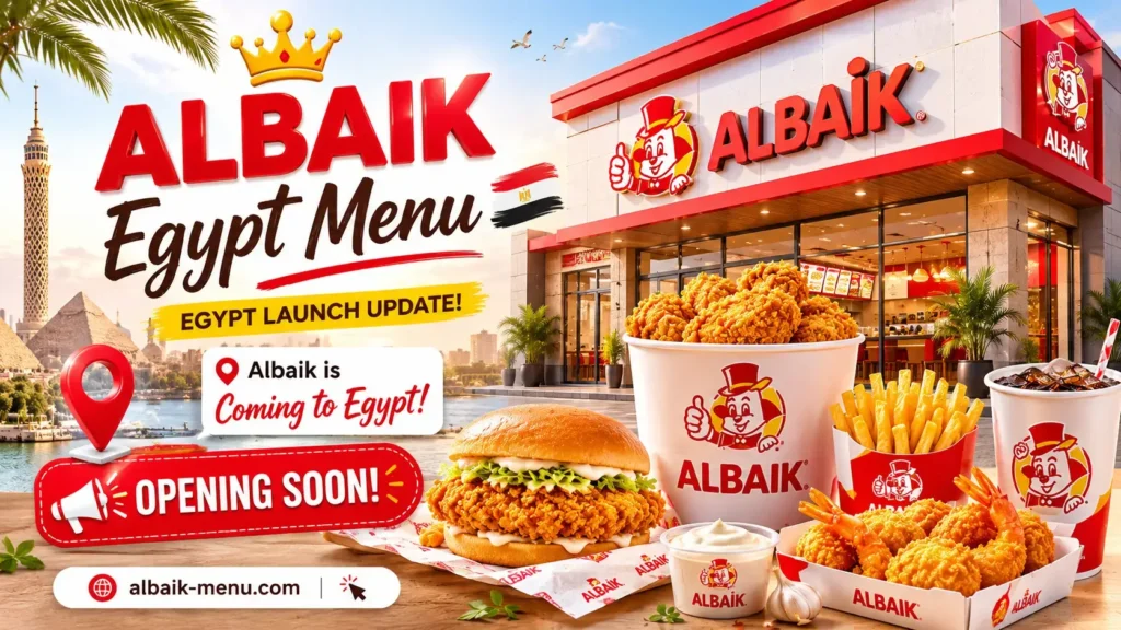 Albaik Egypt menu launch and location concept with bright branding and Egypt branch style visuals